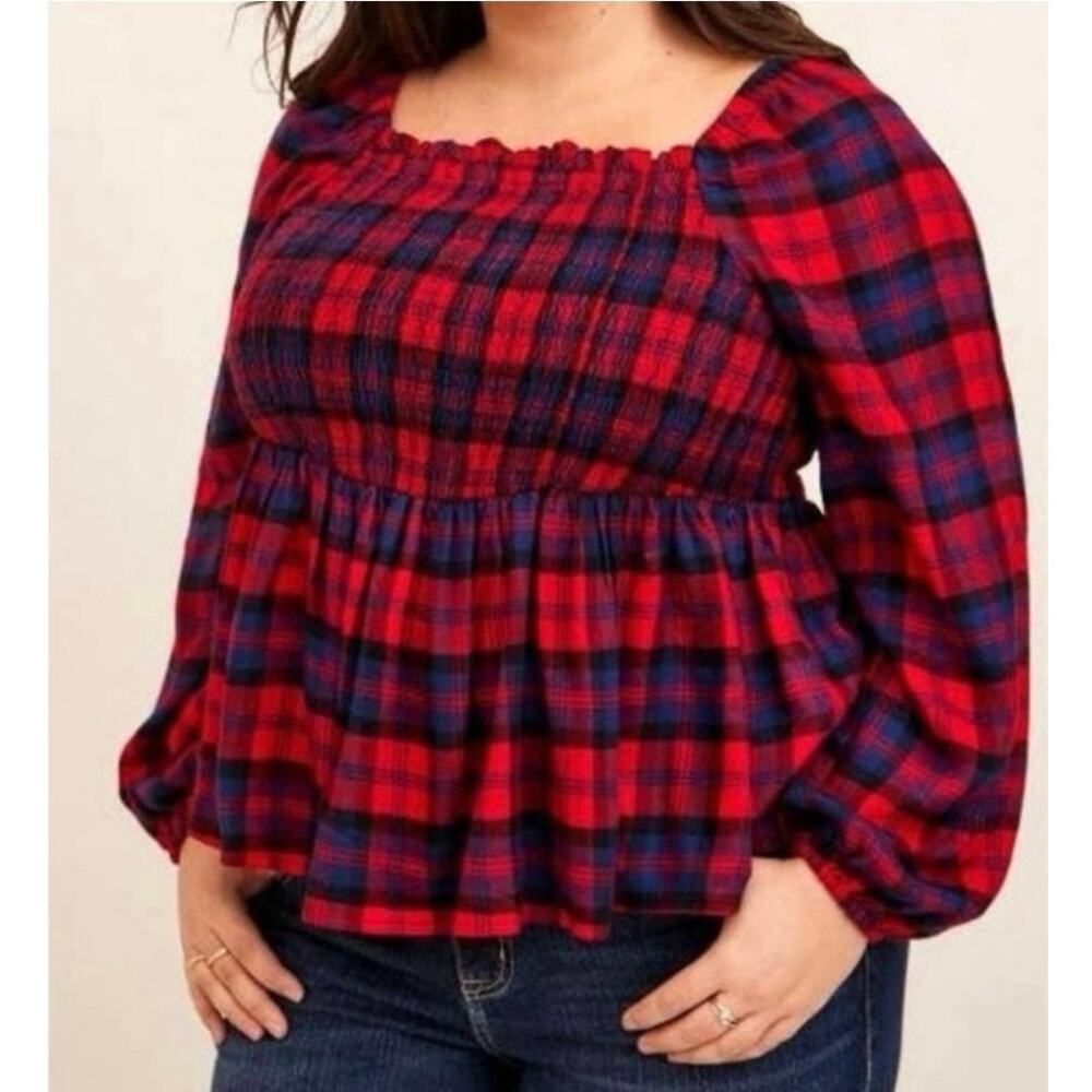 Torrid Red Smocked Babydoll Top Flannel Buffalo Plaid Sz 3 / 3X Puff Sleeve - Picture 2 of 12
